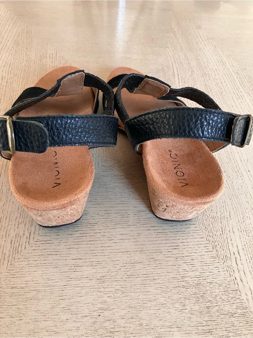 Vionic Kaytie Black Suede Cork Wedge Slingback Sandal